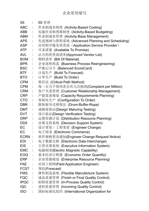 企业常用缩写-中英文对照