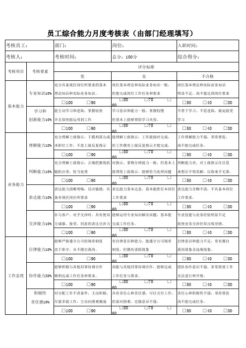 员工综合能力月度考核表