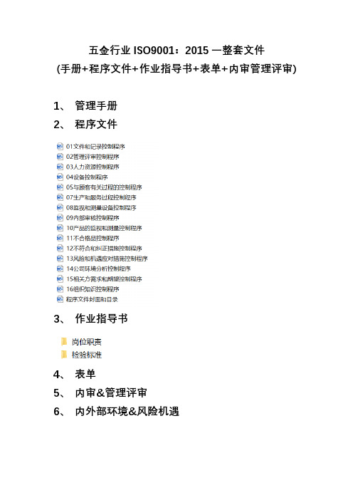 五金行业ISO9001：2015一整套文件(手册+程序文件+作业指导书+表单+内审管理评审)