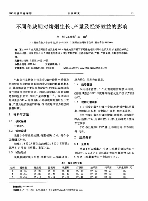 不同移栽期对烤烟生长、产量及经济效益的影响