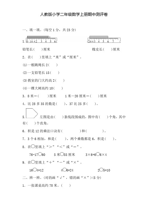 人教版小学二年级数学上册期中测评卷(含答案及解析)