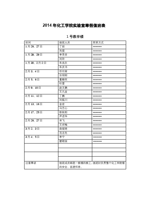 2014年化工学院实验室寒假值班表【模板】