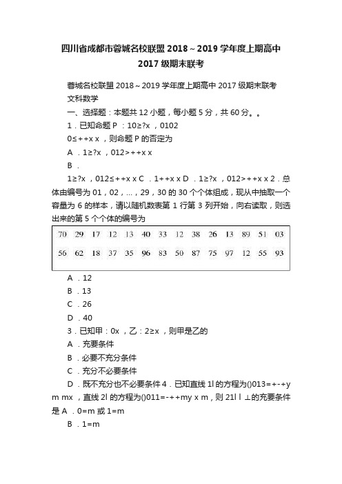 四川省成都市蓉城名校联盟2018～2019学年度上期高中2017级期末联考