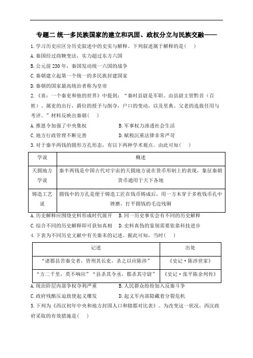 专题二 统一多民族国家的建立和巩固、政权分立与民族交融