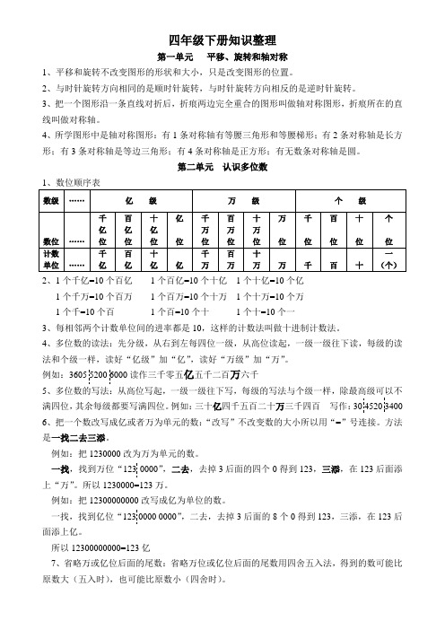 苏教版四年级下册数学知识整理