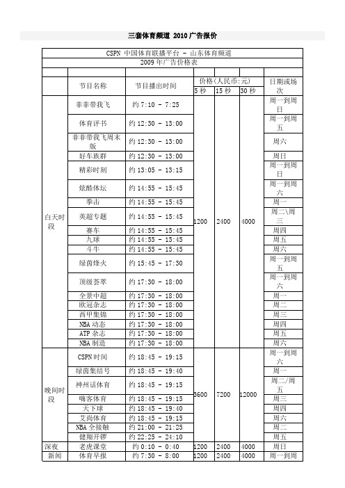 2010年山东体育频道广告刊例价