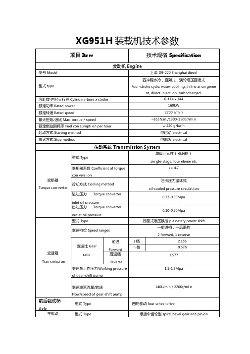 XG951H装载机技术参数