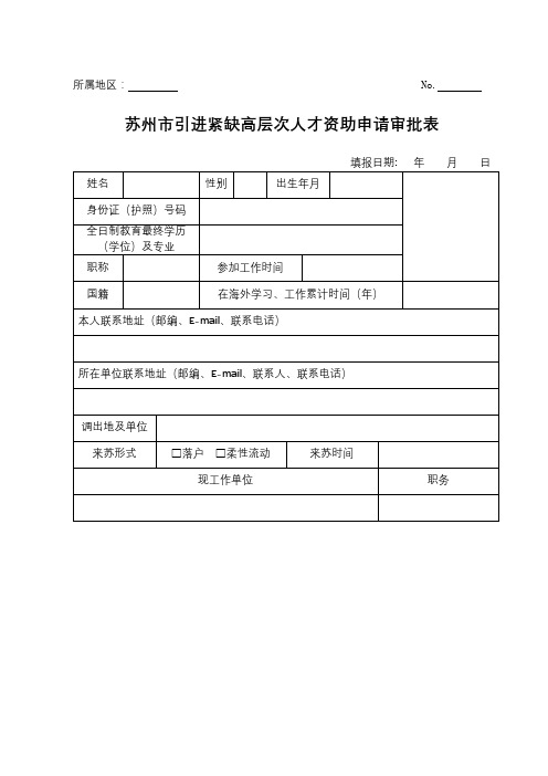 苏州市引进紧缺高层次人才资助申请审批表【模板】