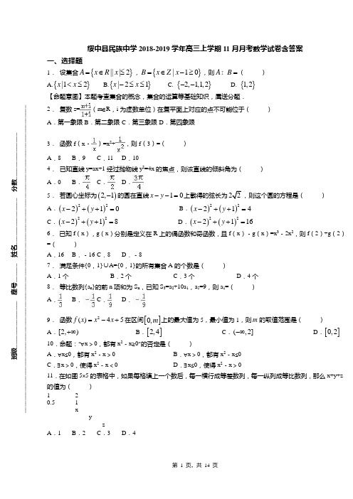 绥中县民族中学2018-2019学年高三上学期11月月考数学试卷含答案