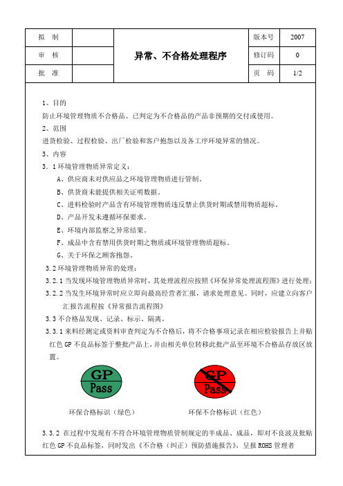 异常、不合格处理程序(ROHS)