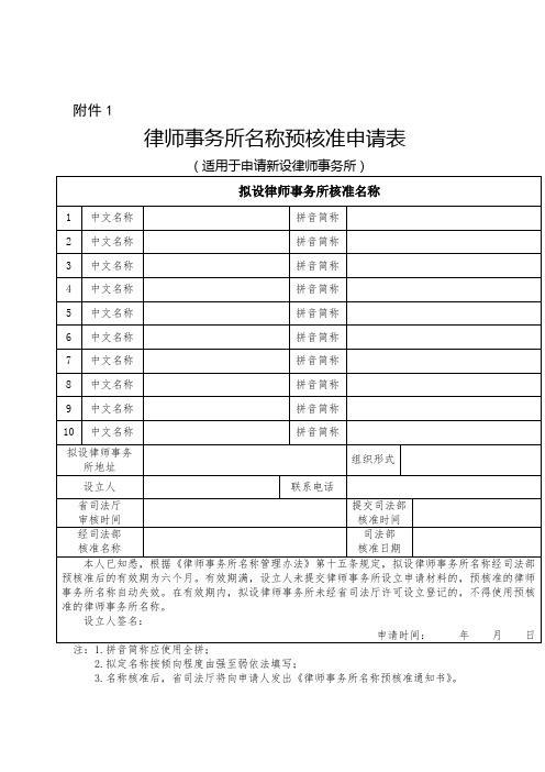 律师事务所名称预核准申请表【模板】