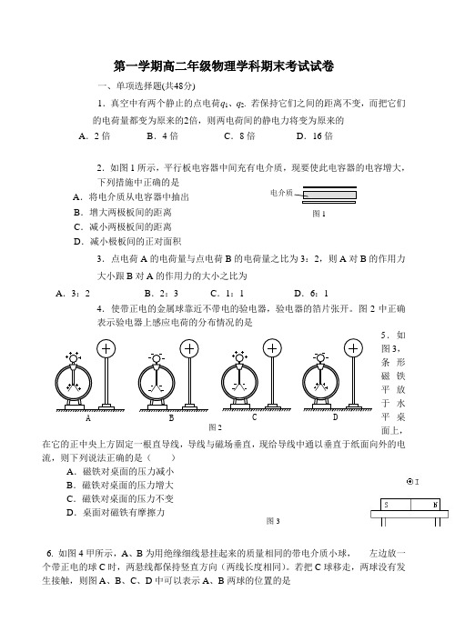 人教版高中物理选修1-1第一学期高二年级物理学科期末考试试卷