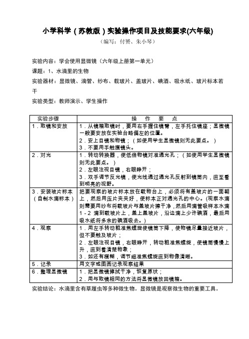 小学科学(苏教版)实验操作项目及技能要求(六年级)