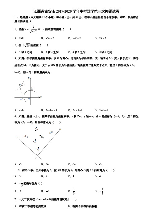 江西省吉安市2019-2020学年中考数学第三次押题试卷含解析