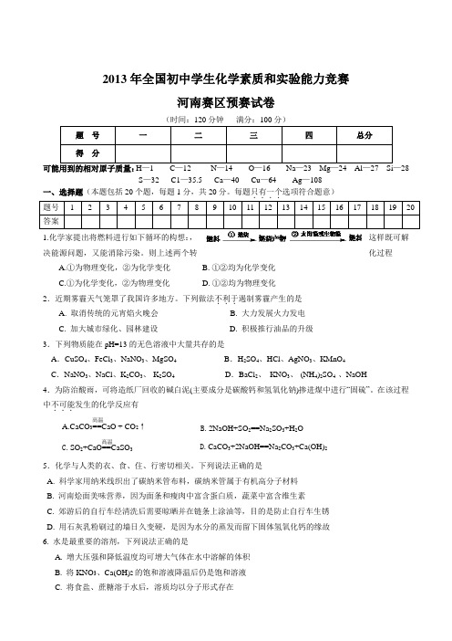 2013年全国初中学生化学素质和实验能力竞赛