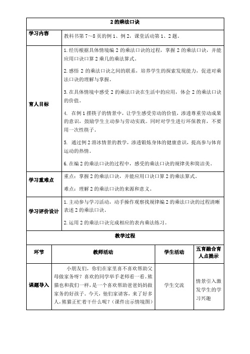 西师版二年级上册数学表格式教案1.2  1、2的乘法口诀