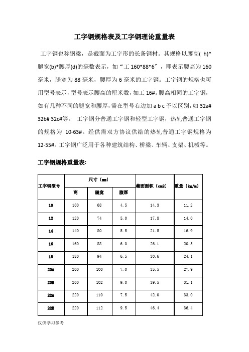 型钢规格表及型钢理论重量表