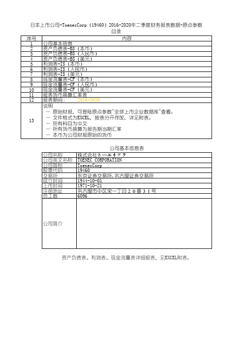 日本上市公司-ToenecCorp(19460)2016-2020年二季度财务报表数据-原点参数