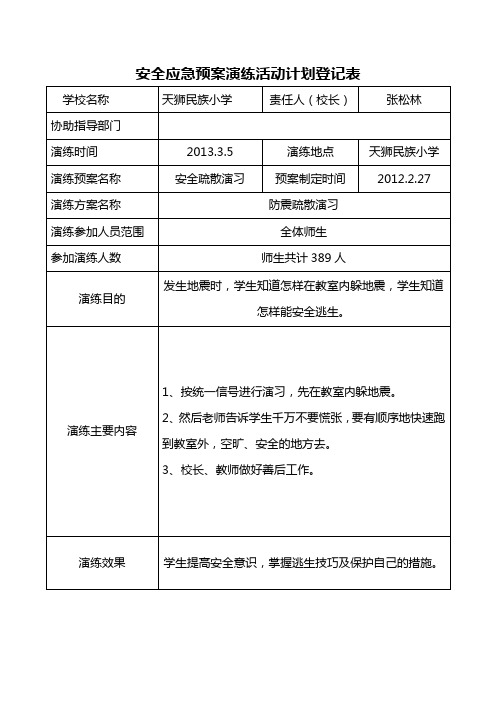 安全应急预案演练活动计划登记表