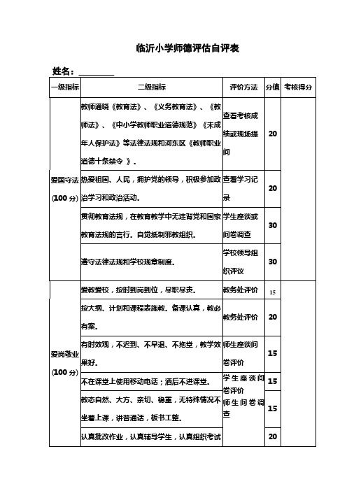 临沂小学师德评估自评表