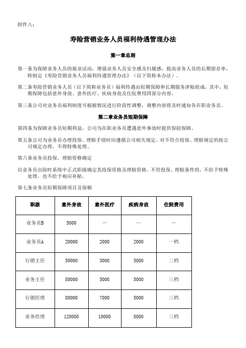 寿险营销业务人员福利待遇管理办法