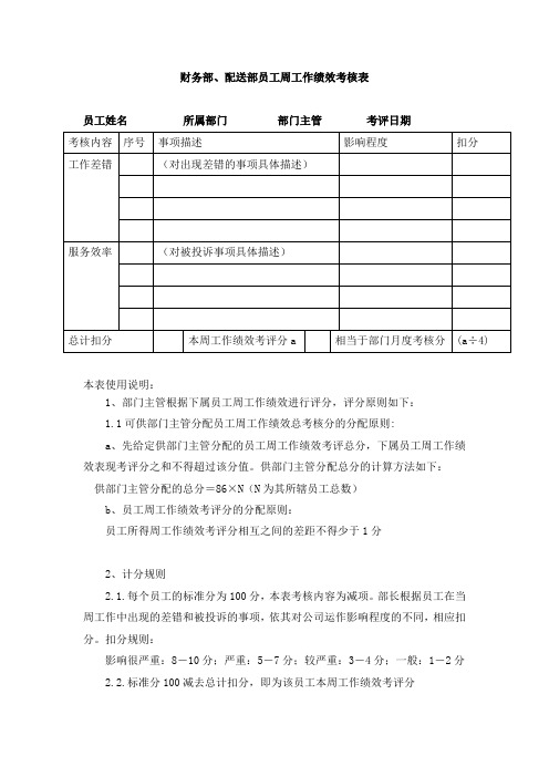 财务部、配送部员工周工作绩效考核表