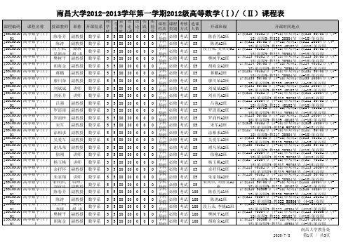 南昌大学2012-2013学年第一学期2012级高等数学(Ⅰ)(Ⅱ)课程表