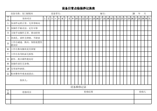 龙门刨铣床日常点检保养记录表