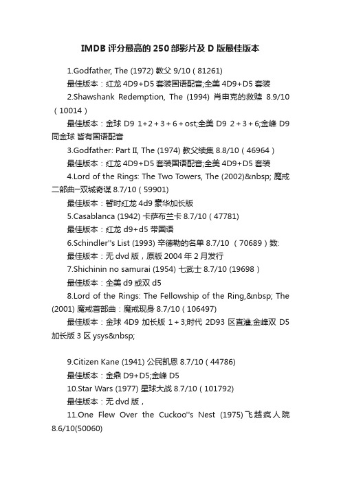 IMDB评分最高的250部影片及D版最佳版本