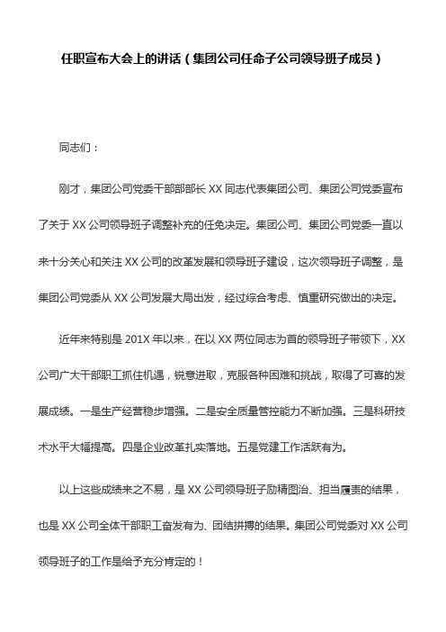 任职宣布大会上的讲话(集团公司任命子公司领导班子成员)