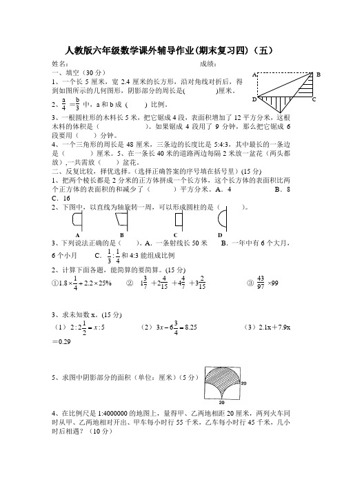 人教版六年级数学课外辅导作业(期末复习四)(五)