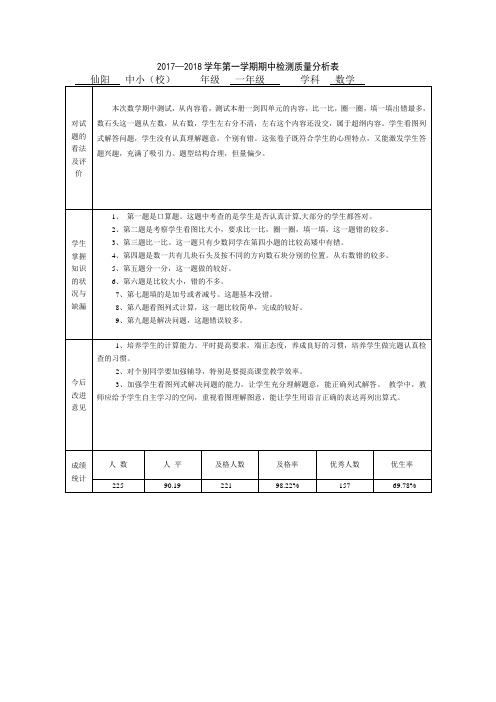 一年级数学期中质量分析表