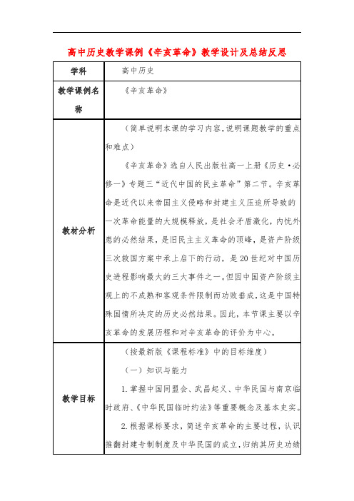 高中历史教学课例《辛亥革命》课程思政核心素养教学设计及总结反思