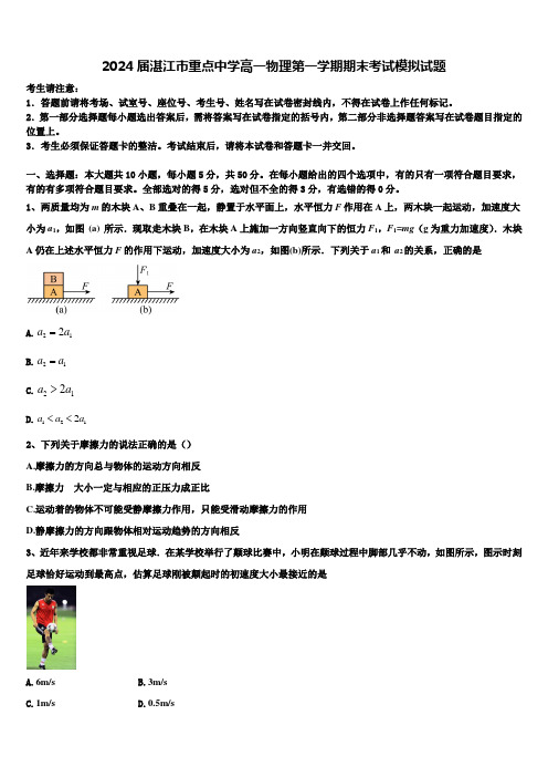 2024届湛江市重点中学高一物理第一学期期末考试模拟试题含解析