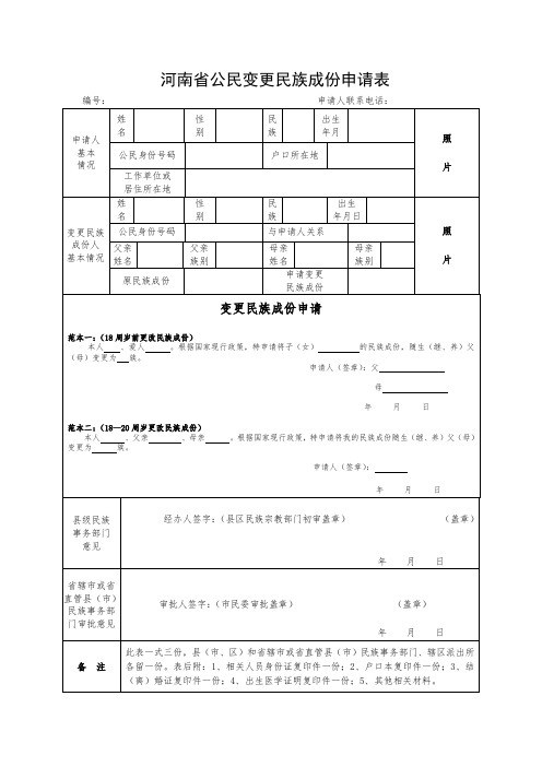 (空表)河南省公民变更民族成份申请表