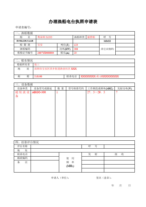 办理渔船电台执照申请表