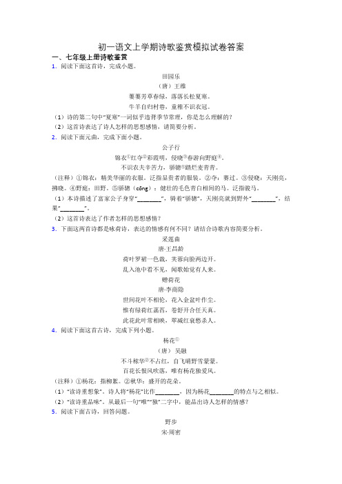 初一语文上学期诗歌鉴赏模拟试卷答案