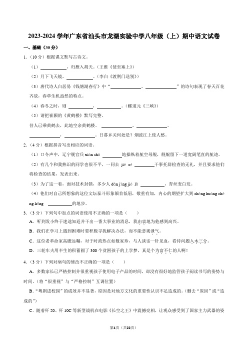 2023-2024学年广东省汕头市龙湖实验中学八年级(上)期中语文试卷