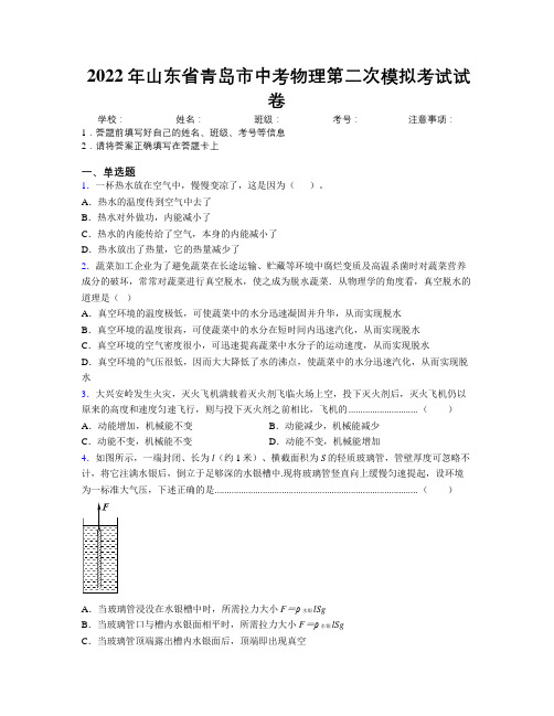 2022年山东省青岛市中考物理第二次模拟考试试卷及解析