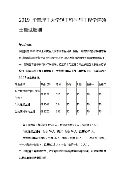 2019华南理工大学轻工科学与工程学院硕士复试细则