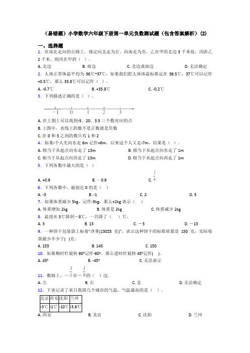 (易错题)小学数学六年级下册第一单元负数测试题(包含答案解析)(2)