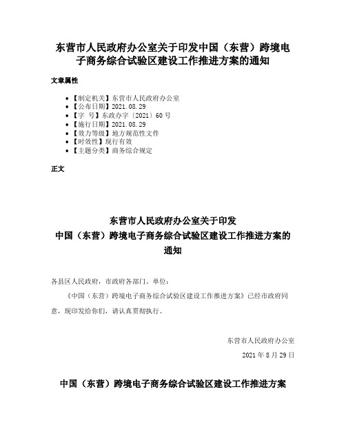 东营市人民政府办公室关于印发中国（东营）跨境电子商务综合试验区建设工作推进方案的通知