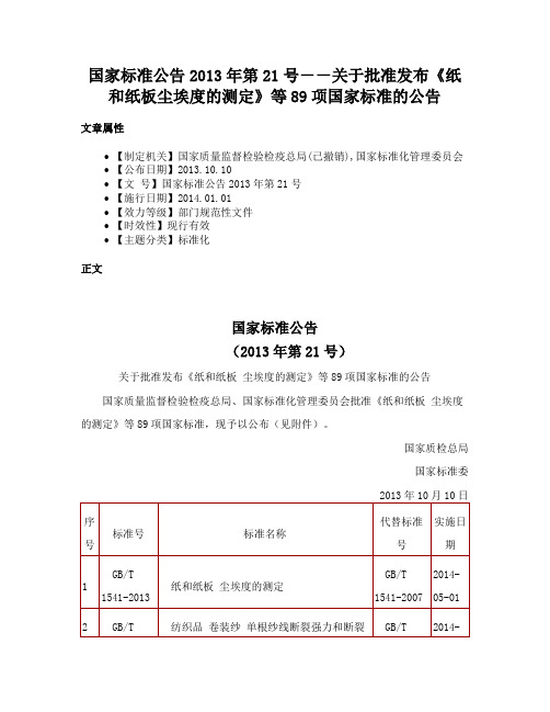 国家标准公告2013年第21号－－关于批准发布《纸和纸板尘埃度的测定》等89项国家标准的公告