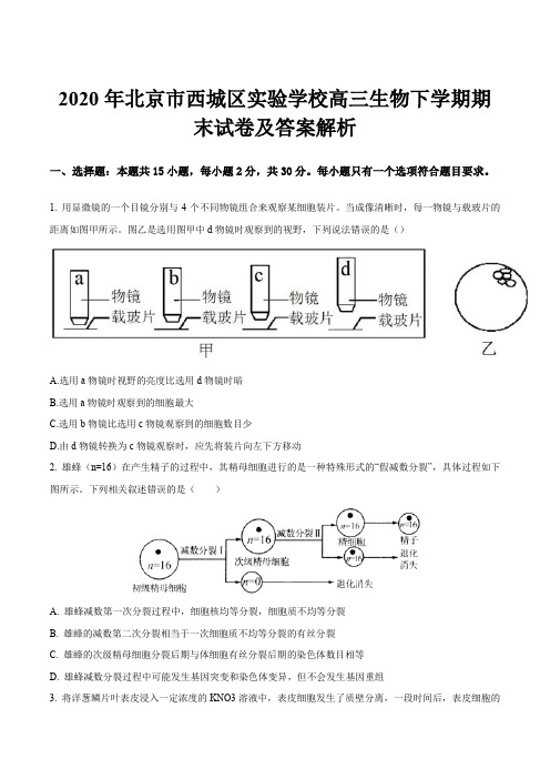 2020年北京市西城区实验学校高三生物下学期期末试卷及答案解析