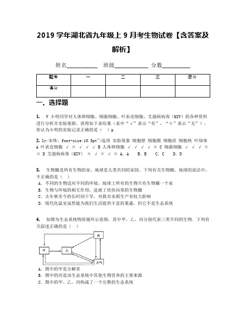 2019学年湖北省九年级上9月考生物试卷【含答案及解析】