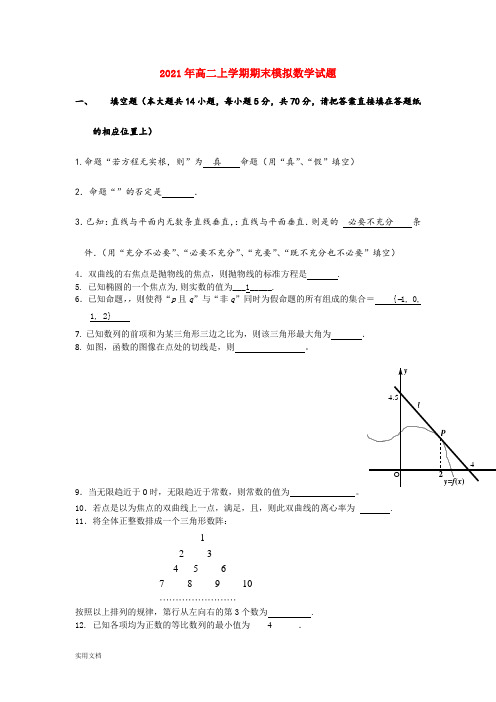 2021-2022年高二上学期期末模拟数学试题