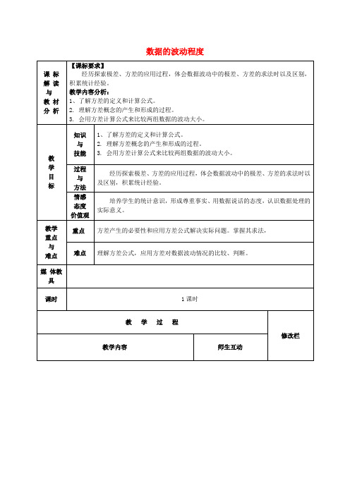 2018春人教版数学八年级下册20.2《数据的波动程度》word教案