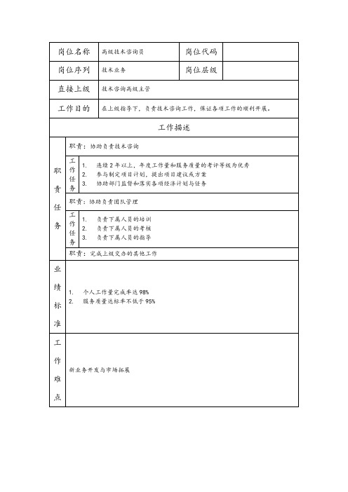 高级技术咨询员--营销业务类岗位职责说明书