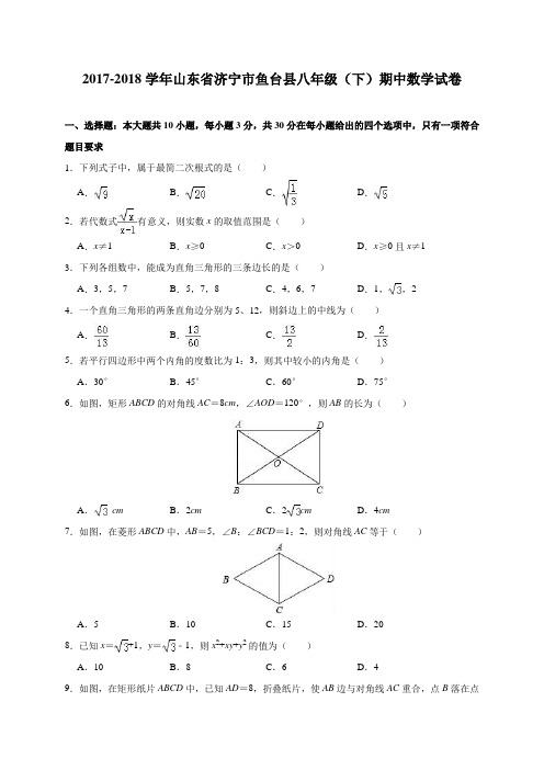 山东省济宁市鱼台县2017-2018学年八年级(下)期中考试数学试题(含解析)