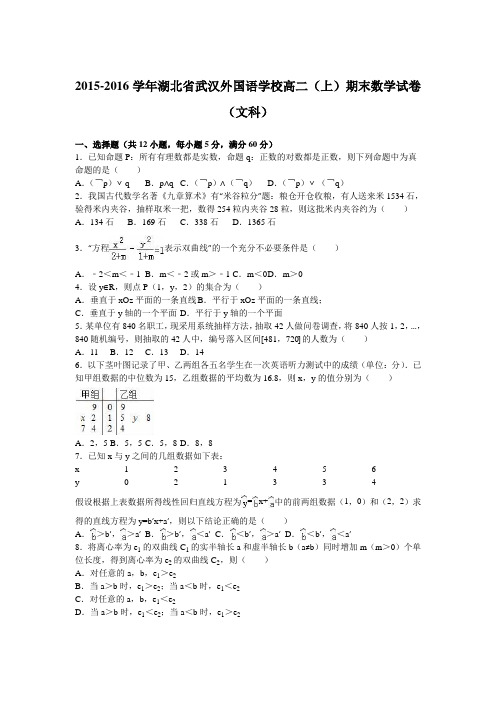 湖北省武汉外国语学校2015-2016学年高二上学期期末数学试卷(文科)Word版含解析